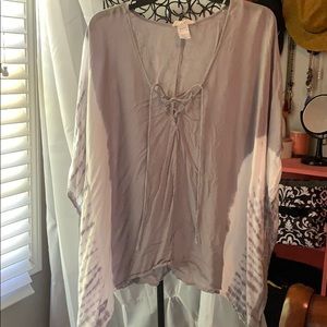 White and gray tie dye front tie blouse